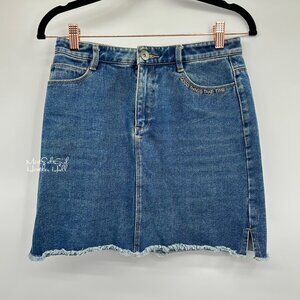 OChirly Denim Mini Skirt with Embroidered "Good Things Take Time" Size Small